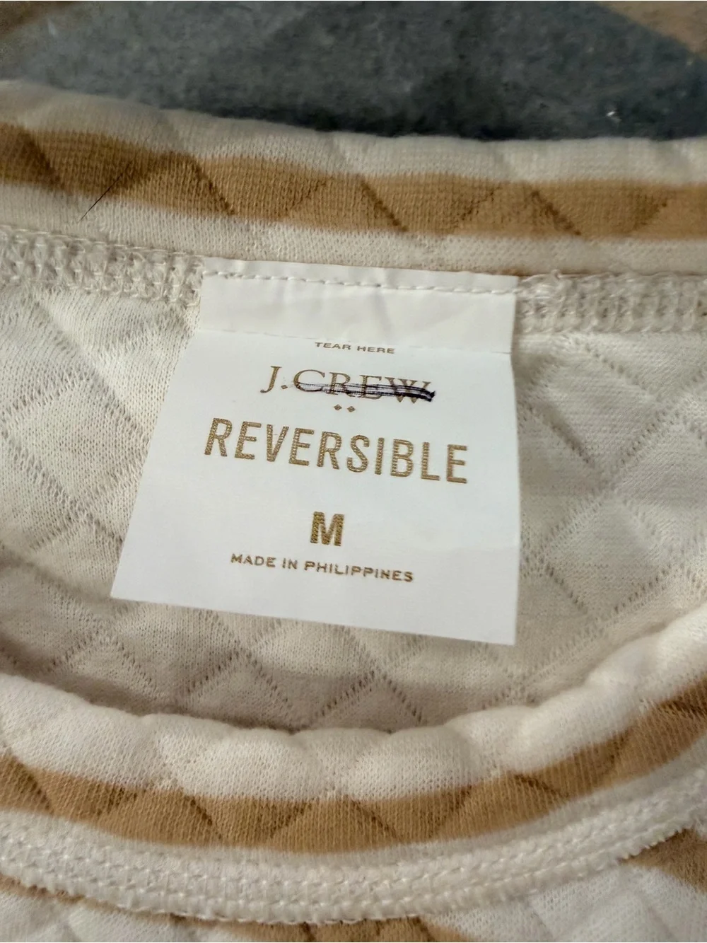 NWOT J. Crew Size 2X Tan Cream Reversible Quilted Striped Crew Sweatshirt